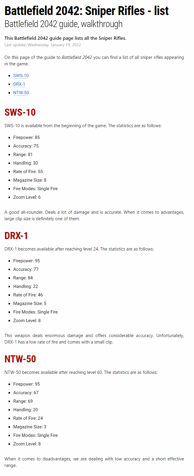 Sniper Rifles - list