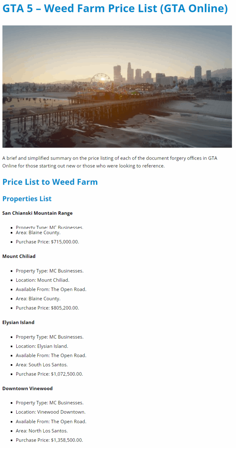 Weed Farm Price List (GTA Online)