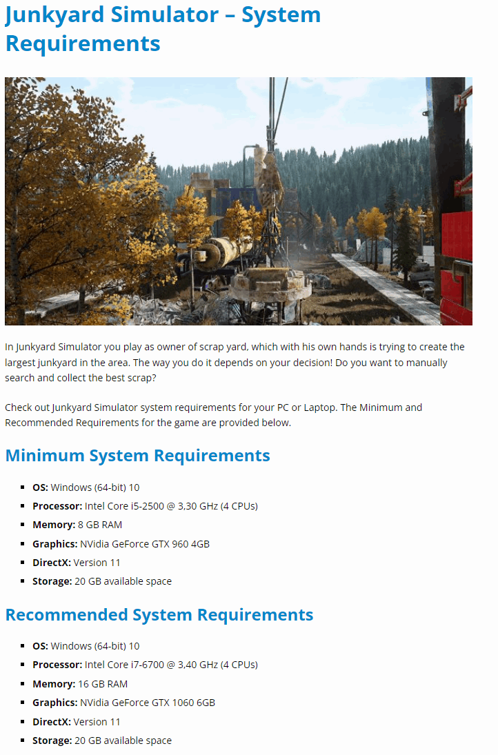 Junkyard Simulator – System Requirements